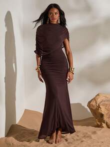 Opulessa 优雅纯色褶皱修身连衣裙，夏季 - 棕色 - 查看 3