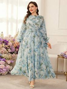 Modelyn 大码女士优雅印花收腰连衣裙 - 藍色 - 查看 5