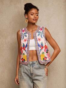 Chaleco ligero de mujer con bordado floral y de loro, chaleco bohemio, chaleco floral, estilo casual de mujer, atuendo para salir, atuendos elegantes, estilo campestre para mujer, atuendos casuales, chaleco elegante - Multicolor 4 - Ver 6