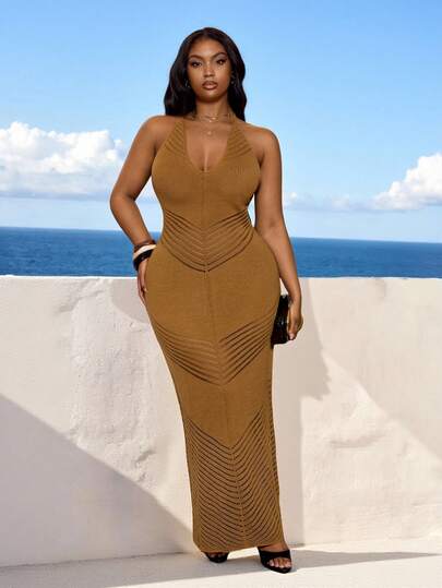 Veslaya 2026 Spring/Summer Plus Size Women's New Music Festival, Easter, Western, Nomadic, Birthday Party, Graduation, College, Student, Daily Casual, Basic, Leisure, Vacation, Cruise Travel, Beach, Sunbathing, Viral, Streetwear, Wedding Guest, Commute, Brunch, Airport, Party, Holiday Outing, Elegant Banquet, Ball, Casual, High-End Elegant Khaki Semi-Sheer V-Neck Knitted Wrap Dress