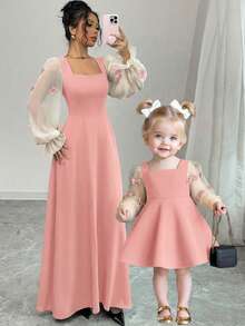 SHEIN 女婴可爱优雅撞色蝴蝶结长袖连衣裙，母女装（2 件套单独出售） - 粉色 - 查看 1