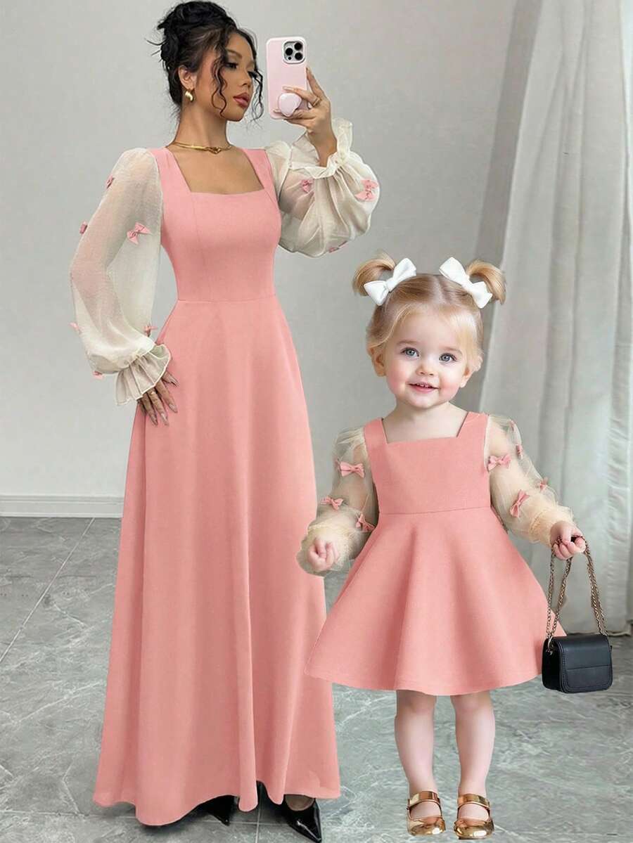 SHEIN 女婴可爱优雅撞色蝴蝶结长袖连衣裙，母女装（2 件套单独出售） - 粉色 - 查看 1