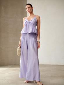 MOTF PREMIUM NUEVO ELEGANTE CONJUNTO DE TOP CAMISOLA PLISADO Y PANTALONES DE PIERNA ANCHA DE CINTURA ALTA DE LINO - Caqui - Ver 6