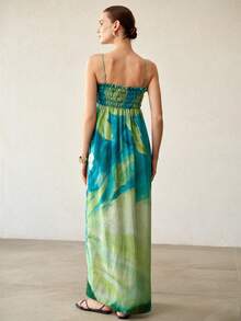 MOTF PREMIUM WOMEN'S CASUAL BOHO VACATION STYLE COLORBLOCK PRINT CAMISOLE DRESS BEACH BLUE SUMMER - Green - View 3