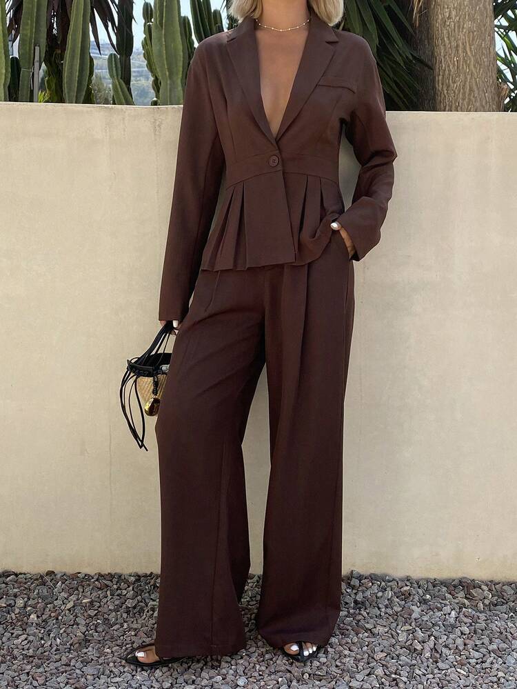 2pcs Women's Casual Collared Waist Top And Solid Color Pants Set, Suitable For Commuting And Office, Spring/Summer