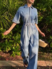 DAZY Mono vaquero casual de mujer con cuello de solapa, manga corta, cintura ceñida y silueta recta suelta - Azul lavado medio - Ver 6