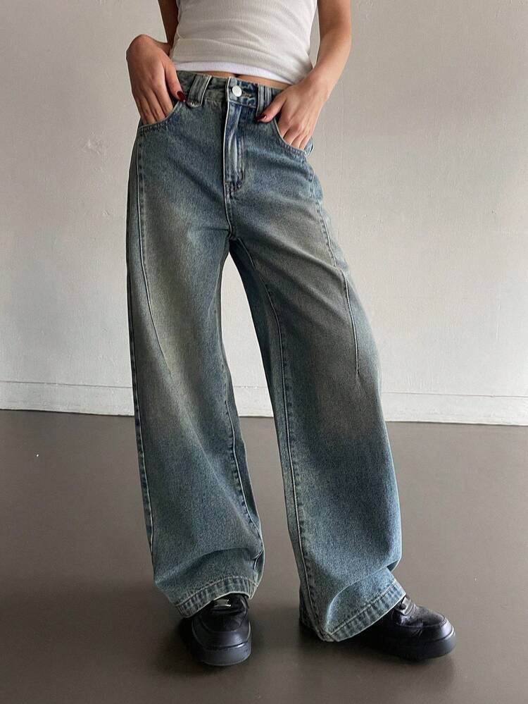Women's Regular Waist Split Design Loose Straight Leg Jeans, Casual City Street Style Y2k