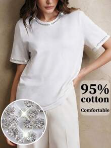 Anewsta Áo thun nữ thanh lịch, sang trọng, đính đá lấp lánh, thích hợp mặc đi làm. - trắng - Xem 1