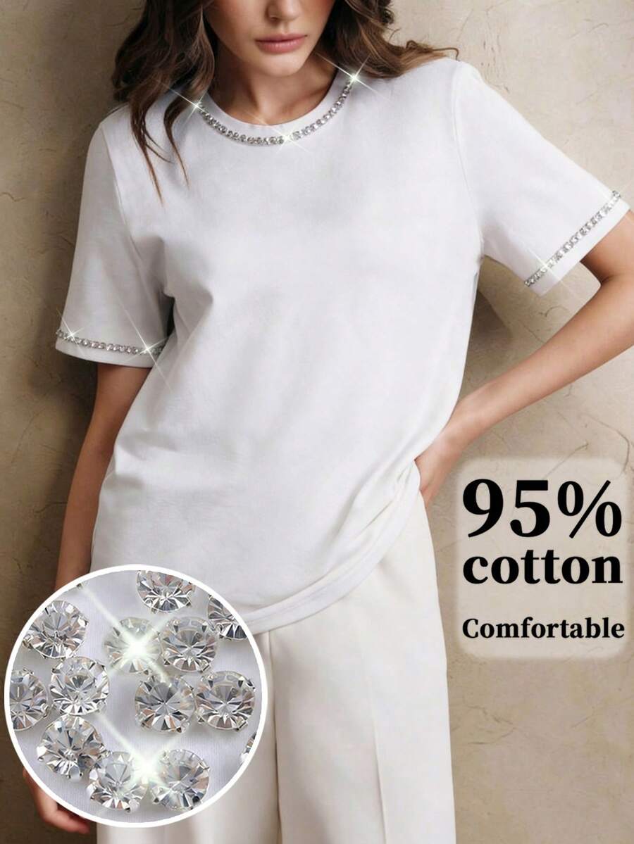 Anewsta Áo thun nữ thanh lịch, sang trọng, đính đá lấp lánh, thích hợp mặc đi làm. - trắng - Xem 1