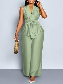 SOLERSUN Plus Size Elegant Commuter Solid Color Camisole And Pants 2 Pieces Set, Summer - Mint Green - View 3