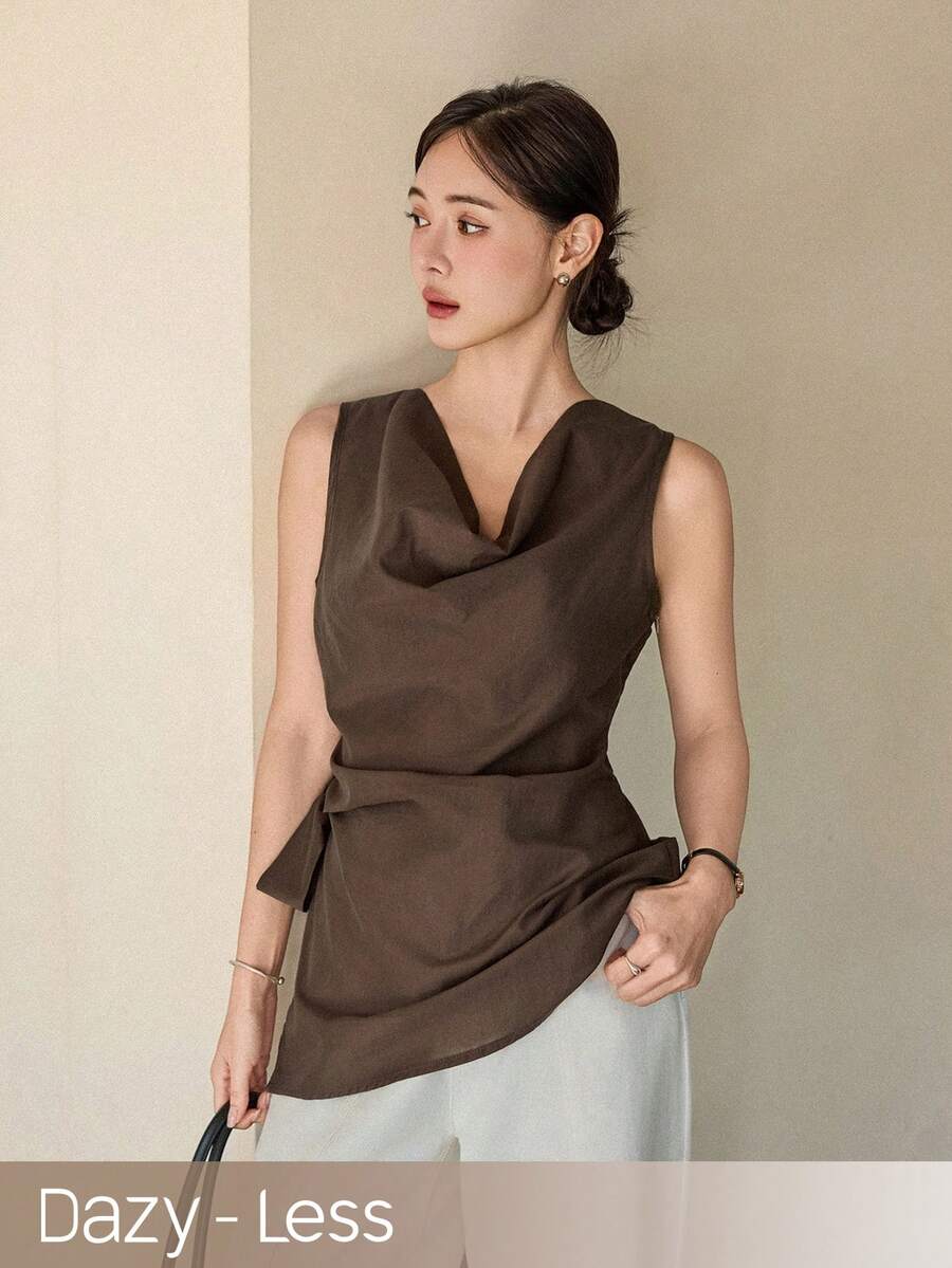 Dazy-Less 女士休闲通勤纯色圆领吊带背心,夏季商务休闲女装 - 咖啡棕 - 查看 1