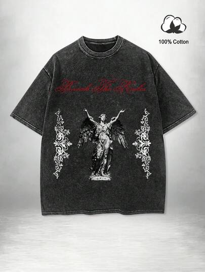 Manfinity EMRG Washed Fabric Men's Artistic Statue & Slogan Graphic Print American Street Style 100% Cotton Crew Neck Short Sleeve T-Shirt  Summer Tops  Summer Outfits For Women  Summer Clothes   Black Top  Going Out Top  Tshirts For Women  Streetwear