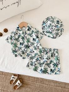 SHEIN Bộ 3 món: Áo sơ mi in hình cây dừa, quần short và mũ tai bèo cho bé trai mùa hè, kiểu dáng thường ngày đi nghỉ mát. - Nhiều màu - Xem 6