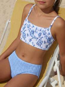 SHEIN Vintaside Kids 2 piezas Conjunto de traje de baño con estampado de mariposa para niña preadolescente, con tirantes ajustables y diseño lindo - Azul - Ver 1