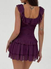 Aloruh Women's Romantic V-Neck Layered Ruffle Hem Dress, Suitable For Vacation, Casual Wear, Spring/Summer ,Summer Dress - Purple - View 2
