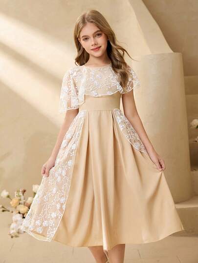 Tween Girl Floral Embroidery Mesh Patchwork Elegant Round Neck Dress