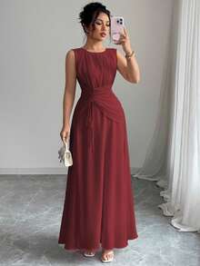 Elenzga Women's Burgundy Summer Elegant Party Chiffon Maxi Dress,Vintage Sleeveless Round Neck Drawstring Waist Pleated Back Lined Casual Beach Gown - Burgundy - View 4