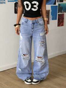 StreetHx 女士口袋纽扣做旧休闲百搭日常阔腿牛仔裤 - 藍色 - 查看 1