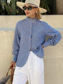 DAZY Women's Ruffle Collar Striped Raglan Sleeve Single-Breasted Shirt - Blue - View 3