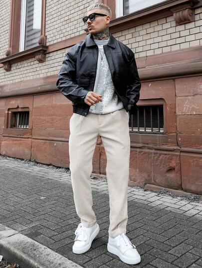 Artur Kramer 男士纯色高腰褶裥直筒休闲裤