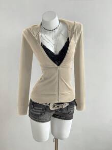 Elamini Chaqueta con capucha y cremallera, bordada y ajustada de manga larga para mujer - Albaricoque - Ver 3