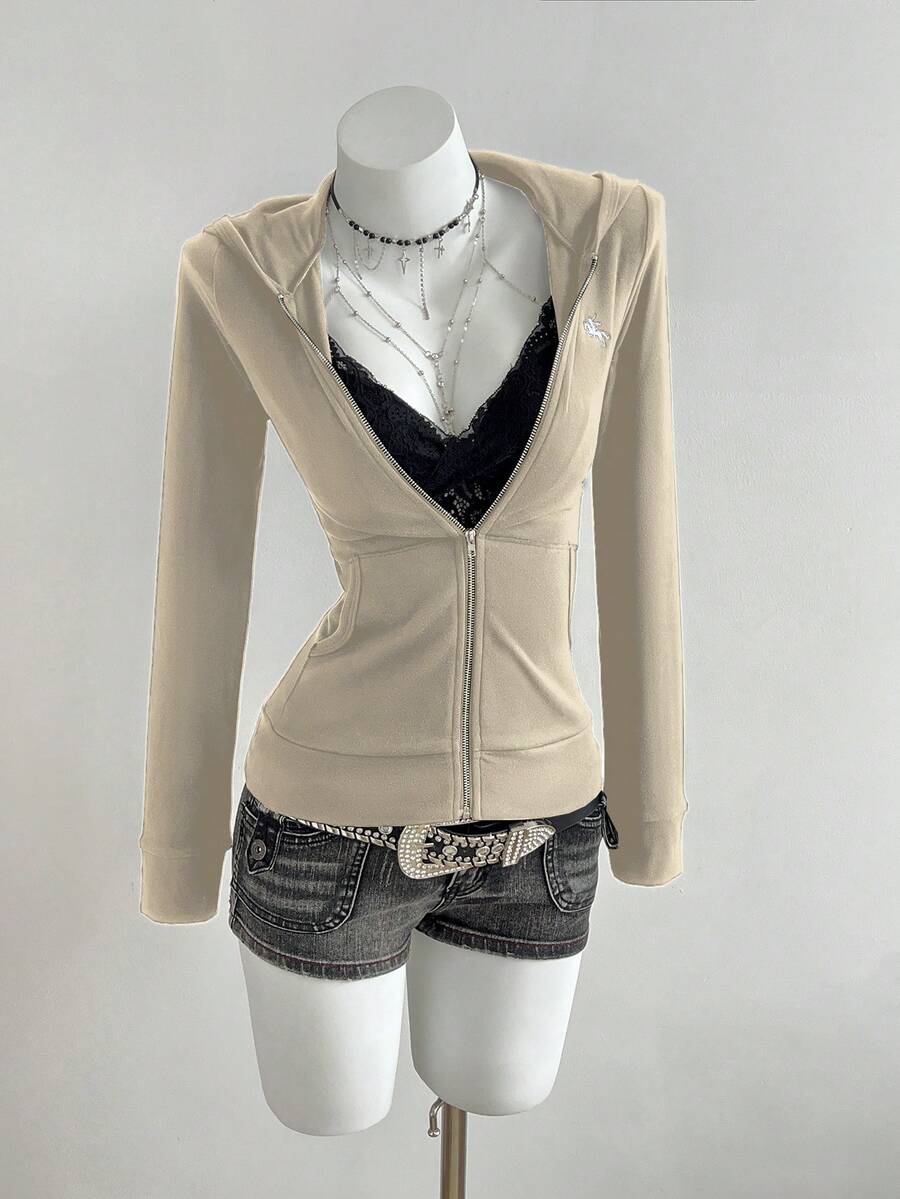 Elamini Women's Hooded Zip-Up Embroidered Fitted Long Sleeve Jacket - Apricot - View 1