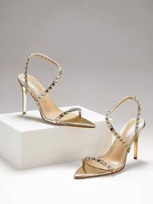 SHUZIA Women's Elegant Rhinestone Pointed Toe Stiletto Heel Sandals - Gold - View 5