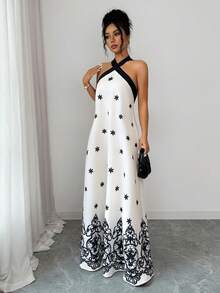SHEIN Elenzya Vestido de vacaciones de diseño elegante y sexy con cuello halter, cintura fruncida y estampado de color contrastante, para primavera/verano - Blanco y Negro - Ver 4