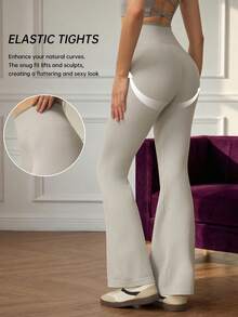 With My Calm 女士无缝瑜伽喇叭裤，高腰显瘦弹力运动靴型紧身裤 - 灰色 - 查看 1