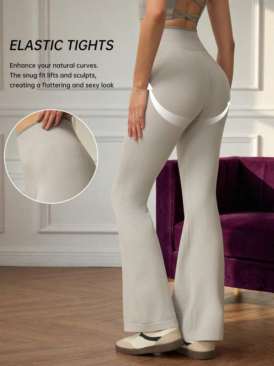 With My Calm 女士无缝瑜伽喇叭裤，高腰显瘦弹力运动靴型紧身裤 - 灰色 - 查看 1