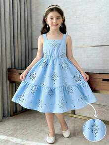Elladie kids Young Girls Casual Fashion Blue Dress, Sky Blue Solid Woven Openwork Fabric, Sleeveless Strap Patchwork Waist Dress, Suitable For Young GirlCute Lady, Casual Fashion, Comfortable Wear, Suitable For Daily School, Outing, Vacation, Beach Photo, Party And Holiday Outfit, Powder Blue Dress For Kids, Girls Summer Dress, Girls Sleeveless Blue Dress, Kids Embroidered Dress, Sky Blue Dress For Girls.Summer Outfits.Elegant Party Dresses.Squishy Dress. - Blue - View 4