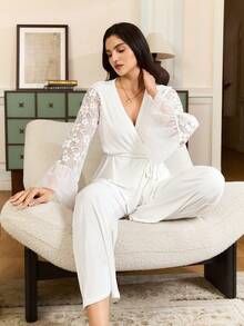 Mature Elegant Lace Blouse Set, French Graceful Charm Sleepwear Set, Romantic Lace Ruffle Sleeve Layered Sleepwear Set For Women - White - View 5
