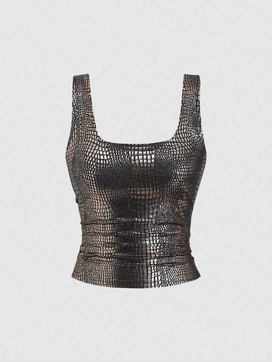 Sweetra Hàng mới về mùa xuân/hè: Áo hai dây ôm sát gợi cảm, màu đỏ tía, họa tiết da cá sấu, phủ PU, co giãn, phong cách đường phố, dự tiệc dành cho nữ. - Màu xanh Bạc hà - Xem 1