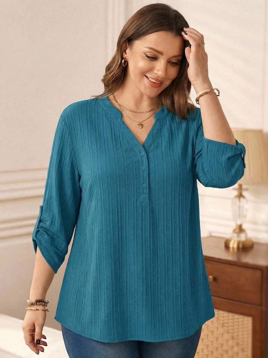 EMERY ROSE Plus Size Solid Color Notched Neck Roll Up Sleeve Casual Blouse , Summer For Women Fall - Blue - View 1