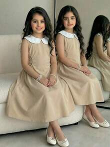 SHEIN Tween Girl Fashionable & Elegant Khaki Dress With White Peter Pan Collar Sleeveless Cinched Waist A-Line Midi Dress Tween Girls Casual Chic Commuter Elegant Khaki Dress - Khaki - View 3