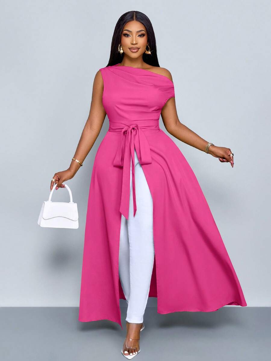 SOLERSUN Damen Große Größen Bluse mit asymmetrischem Ausschnitt, Schlitz-Oberschenkel, Bindeband Vorderseite, Einschulter Shirts - Rosenrot - Übersicht 1