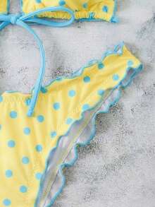 Swim Mod 女士夏季波点印花性感吊带蝴蝶结比基尼两件套泳衣沙滩度假套装 - 黃色 - 查看 7