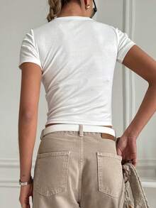 DAZY Camiseta de manga corta de verano de unicolor, cuello redondo, ajustada y casual para mujer - Blanco - Ver 3
