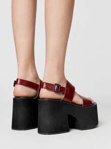 ROMWE Grunge Punk Ladies Strap Platform Wedge Heel Sandals Burgundy Diablo Punk Sandals Back Strap Shoes Japanese Campus Y2K 2000s Style - Burgundy - View 5