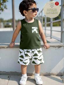 2pcs/Set Young Boy Casual Cute Cartoon Dinosaur Print Tank Top & White Printed Shorts Outfit, Suitable For Summer Outing,  Green Tank Top Dinosaur Set - Multicolor - View 3