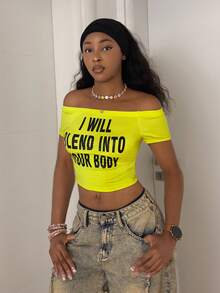 StreetHx 街头风女式字母印花露肩短袖T恤 - 黃色 - 查看 6