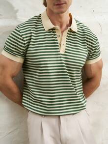 Airaco 2026 春季男士休闲撞色领条纹针织 Polo 衫，商务休闲周末街头风 - 彩色 - 查看 3