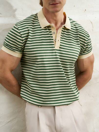 Airaco 2026 Spring Casual Men's Contrast Collar Striped Knit Polo Shirt, Business Casual Weekend Streetwear
