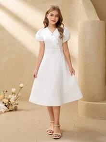 Tween Girl Jacquard V-Neck Short Petal Sleeve Button Design Dress - White - View 8