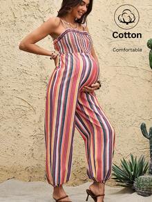 Boho Mama Maternity Casual Striped Jumpsuit - Multicolor - View 1