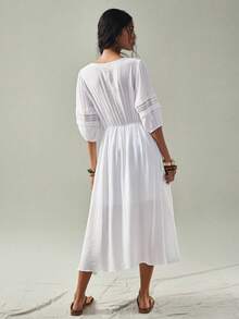 SoleilVie 波西米亚风女士中长连衣裙，纯色梭织面料搭配蕾丝拼接，深V领，对称蕾丝饰边，泡泡长袖配弹性袖口，可调节弹性腰身。适合波西米亚风、休闲、度假和日常穿着。 - 白色 - 查看 2