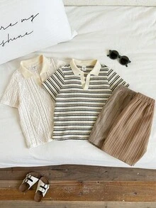 SHEIN 4件套儿童男童可爱夏季休闲条纹短袖polo衫和短裤套装，适合生日派对、锐舞派对、晚宴、演出、婚礼、婚礼宾客、婴儿派对、洗礼等场合穿着 - 彩色 - 查看 6