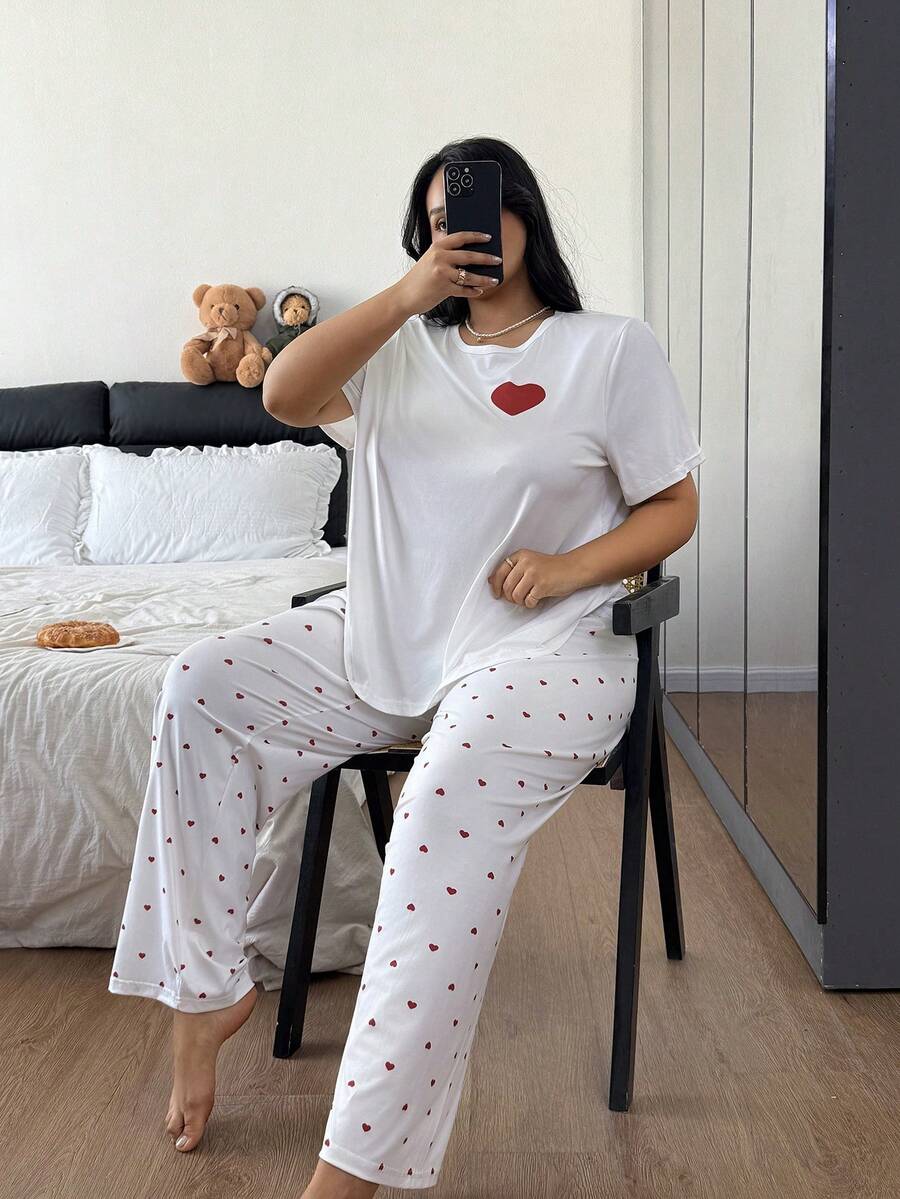 SHEIN 加大码爱心印花短袖睡衣套装 - 米色 - 查看 1