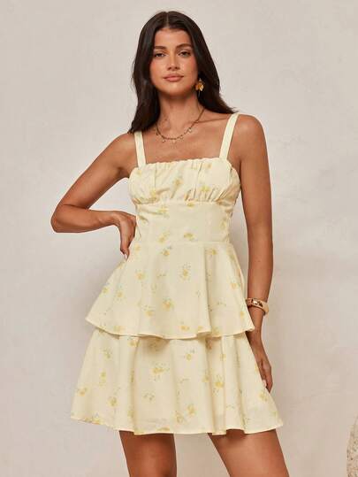 Enchnt Spring/Summer Romantic Women's Yellow Floral Print Waist Cinched Camisole Mini Dress,Sweet&Elegant For Vacation&Date&Holiday&Going Out,Spring Outfit Women