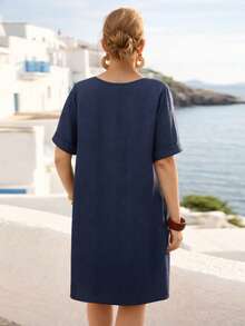 EMERY ROSE Plus Size Women V-Neck Simple Versatile Vacation Casual Comfortable Loose A-Line Midi Dress - Blue - View 2